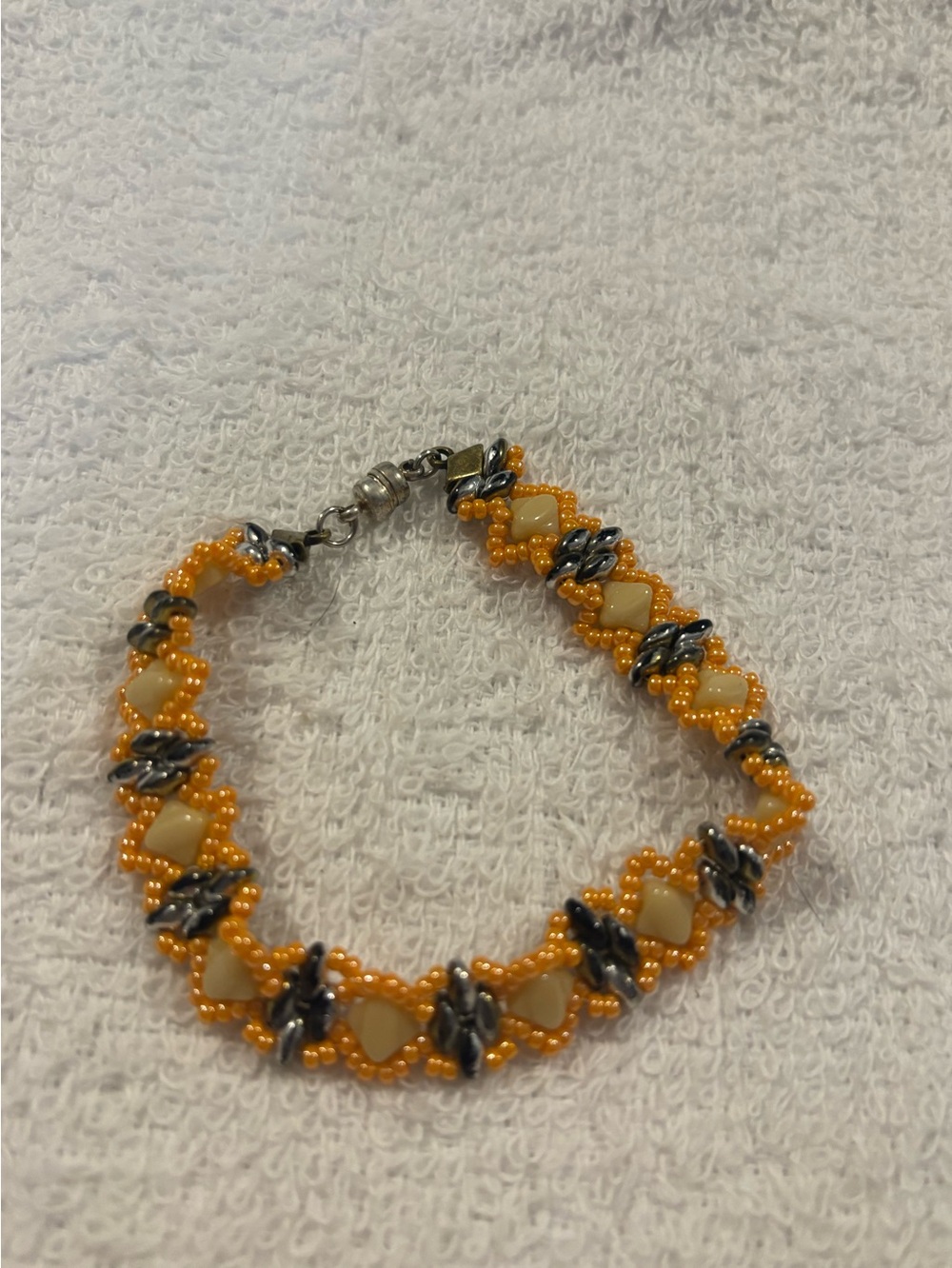 Handmade Beaded Bracelet Orange and Silver 7”